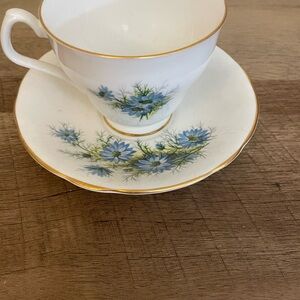 Royal Windsor White Porcelain Tea Cup and Saucer with Blue Floral and Gold Trim